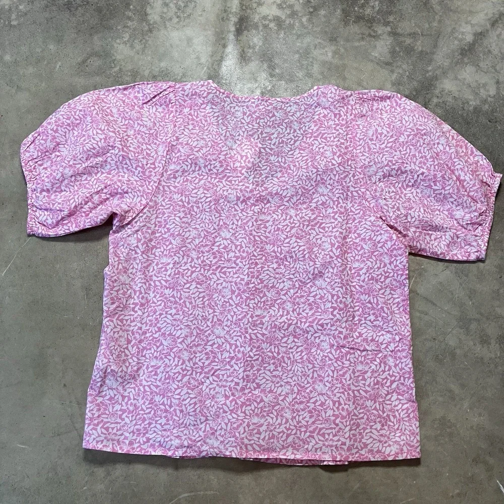 J Crew Shirt Womens Sz XS Pink Puff Sleeve Floral Print V-Neck‎ Top